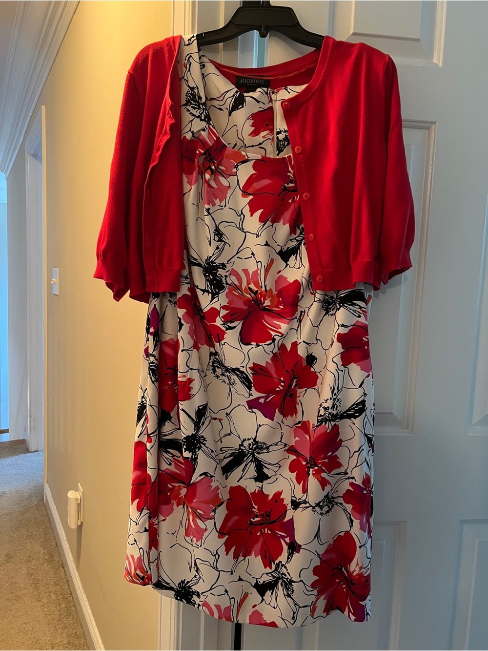 Perceptions Red Floral Midi Dress with Red Cardigan